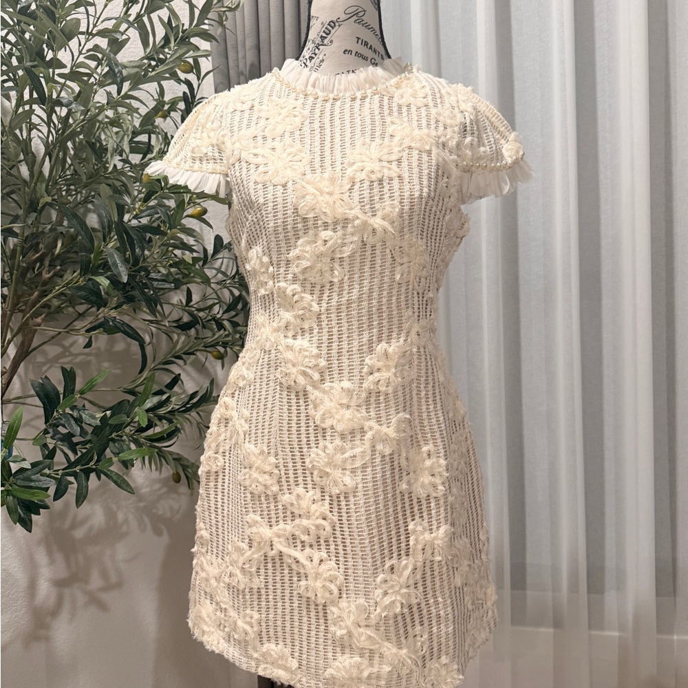 Elegant Cream Lace-Overlay Mini Dress